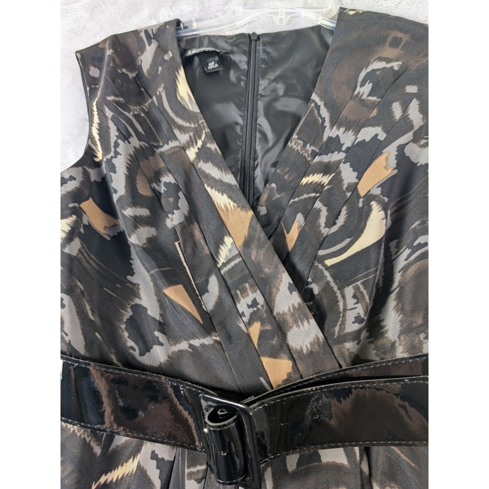 Sleeveless Black Print Dress V-neck Surplice Bodice Belted Wrap Skirt Size 10P - Picture 4 of 11